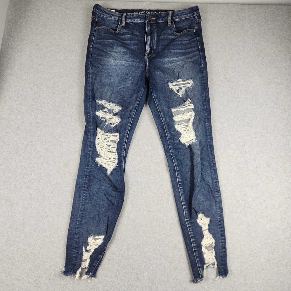 American Eagle Outfitters Jeans Womens 16 Blue Denim Super Stretch Distressed